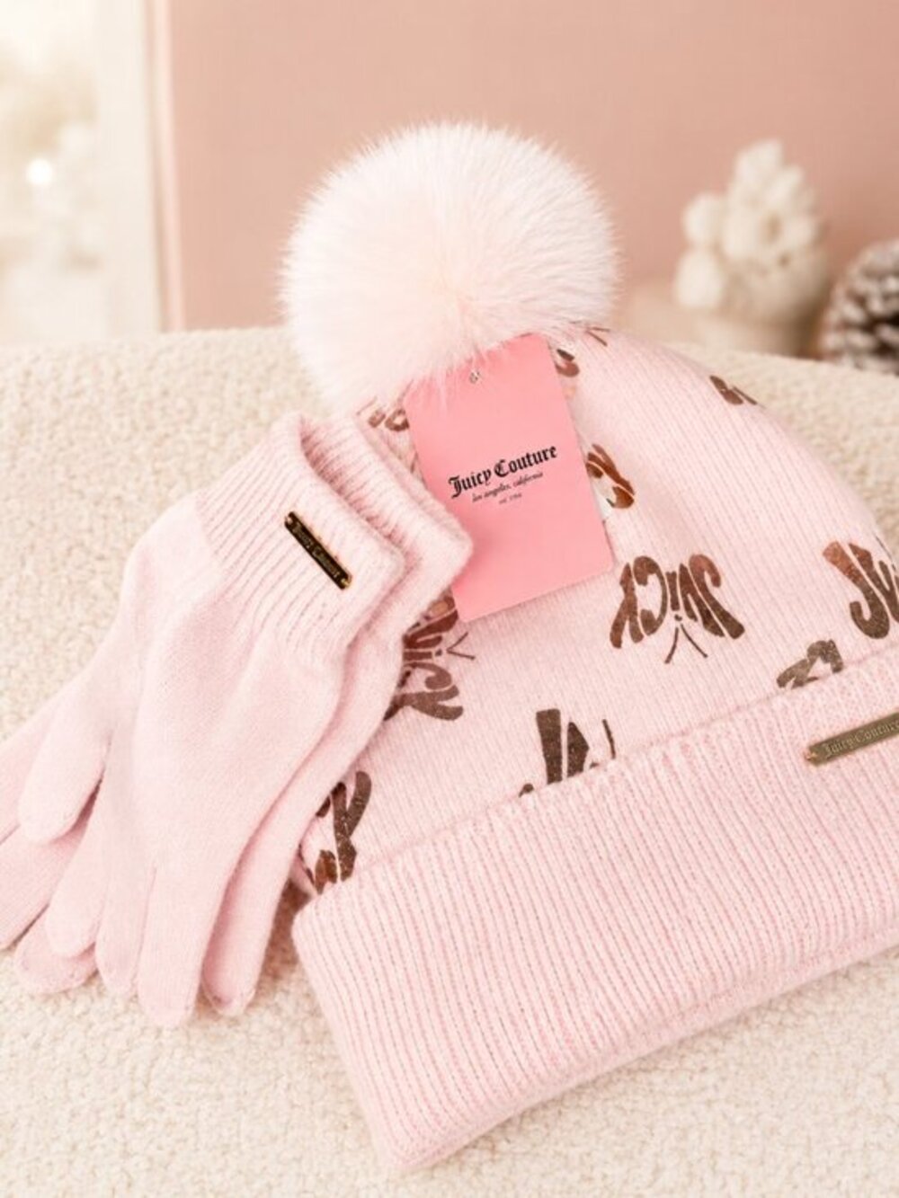 Juicy Couture Kids Pink Pom Pom Beanie & Gloves Set Fits Adults NWT